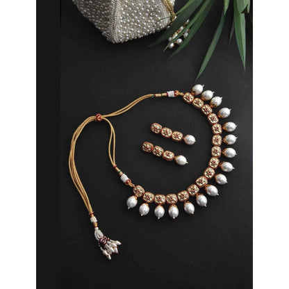 SWABHIMANN Shifira White Gold Plated Pearl Short Necklace Set