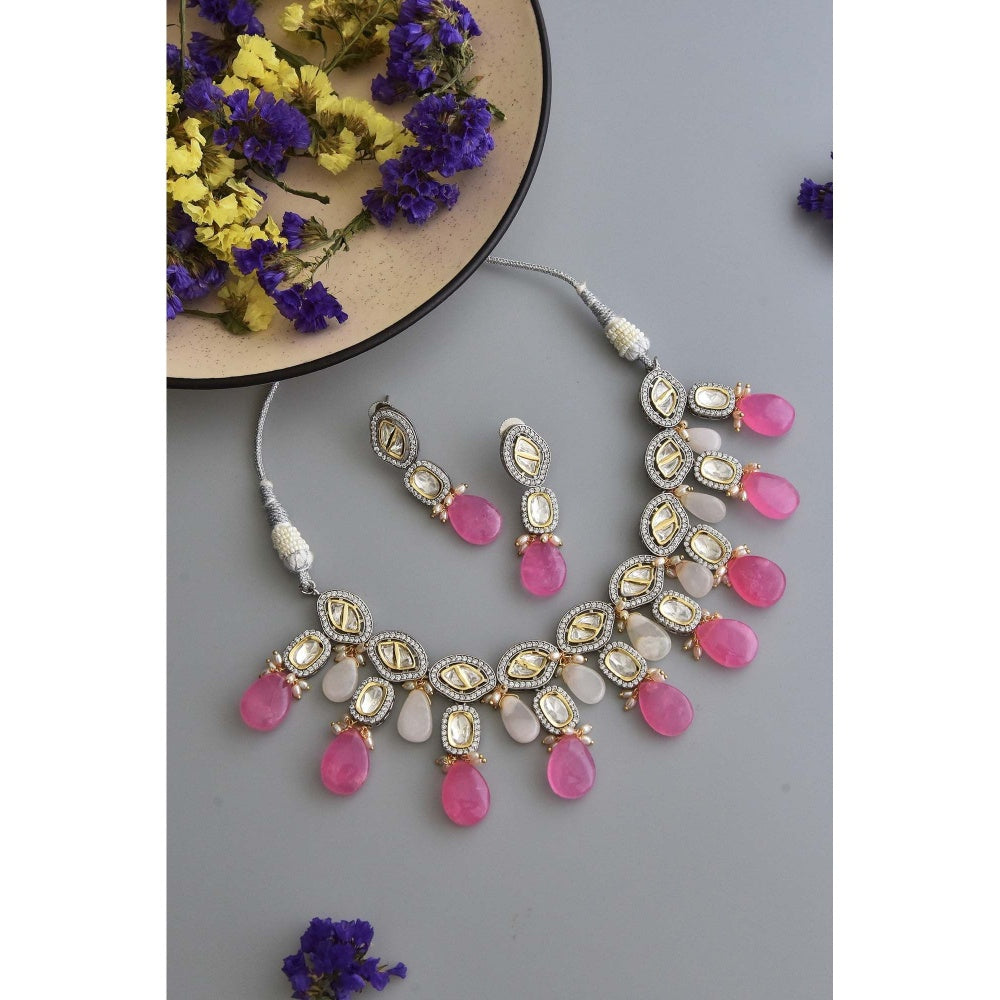 SWABHIMANN Hailey Multicolour Silver Plated Victorian Polki Necklace Set