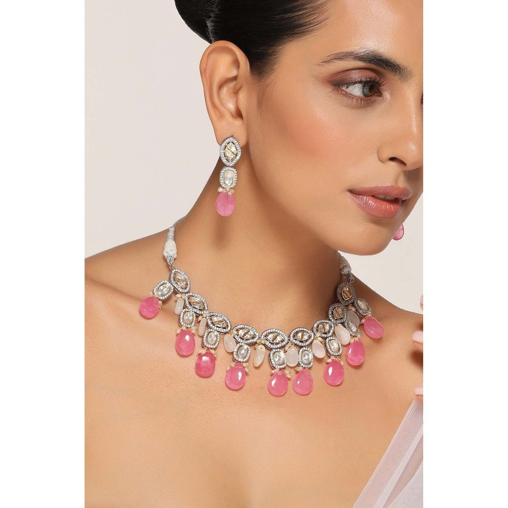 SWABHIMANN Hailey Multicolour Silver Plated Victorian Polki Necklace Set