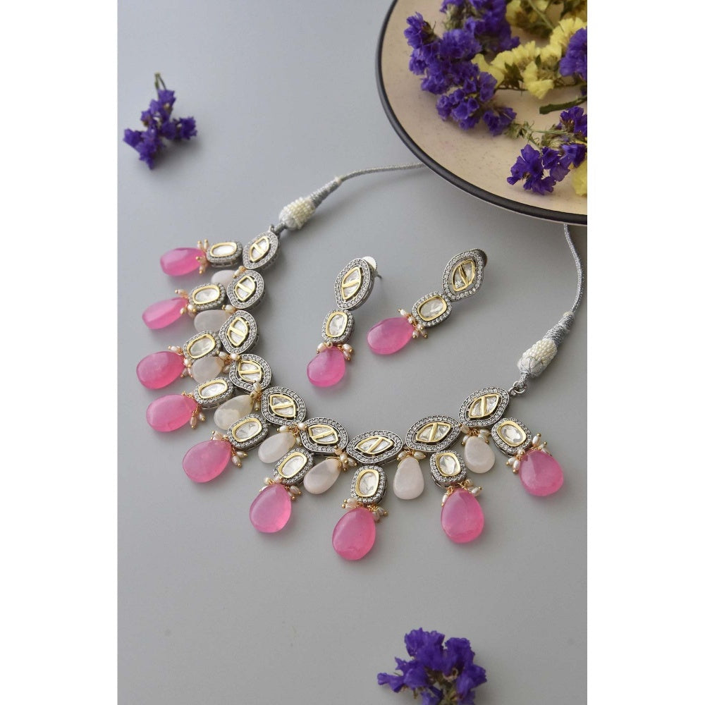 SWABHIMANN Hailey Multicolour Silver Plated Victorian Polki Necklace Set