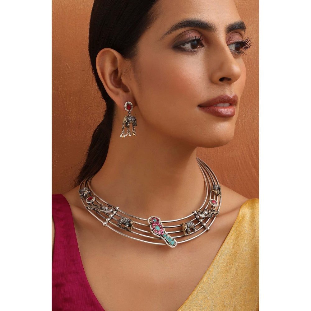 SWABHIMANN Migdha Multicolour Silver Hasli Necklace Set