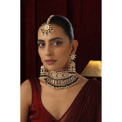 SWABHIMANN Jodha Multicolour Polki Choker Necklace Set with Maang Tikka