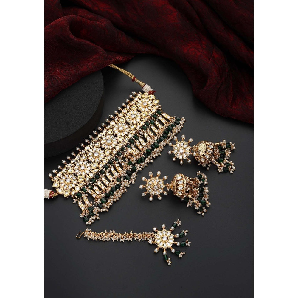 SWABHIMANN Jodha Multicolour Polki Choker Necklace Set with Maang Tikka