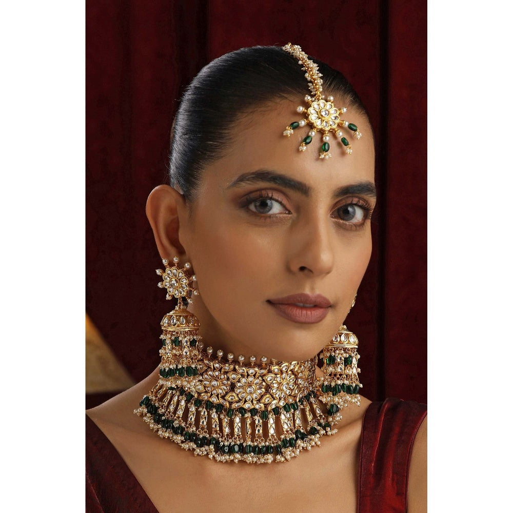SWABHIMANN Jodha Multicolour Polki Choker Necklace Set with Maang Tikka