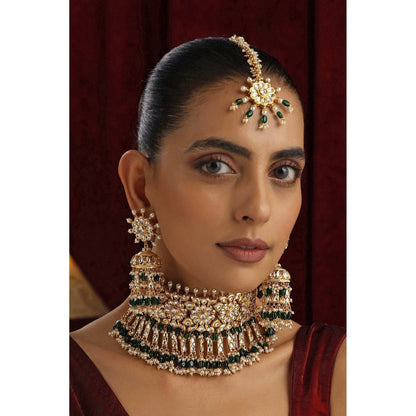 SWABHIMANN Jodha Multicolour Polki Choker Necklace Set with Maang Tikka