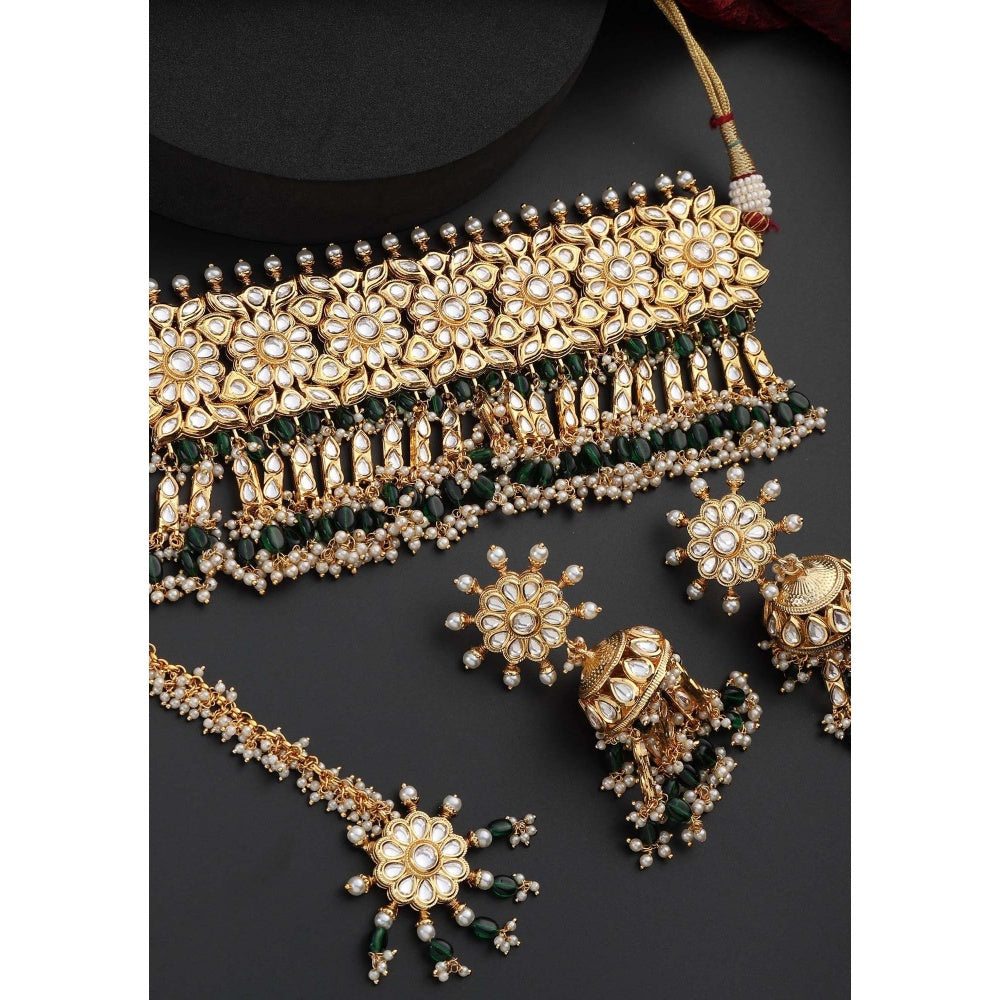SWABHIMANN Jodha Multicolour Polki Choker Necklace Set with Maang Tikka