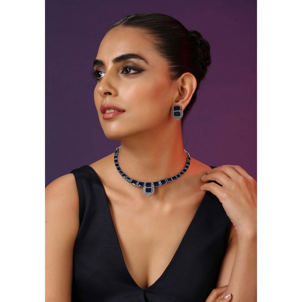 SWABHIMANN Aashmi Blue Silver Plated Zirconia Necklace Set