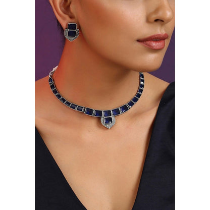 SWABHIMANN Aashmi Blue Silver Plated Zirconia Necklace Set