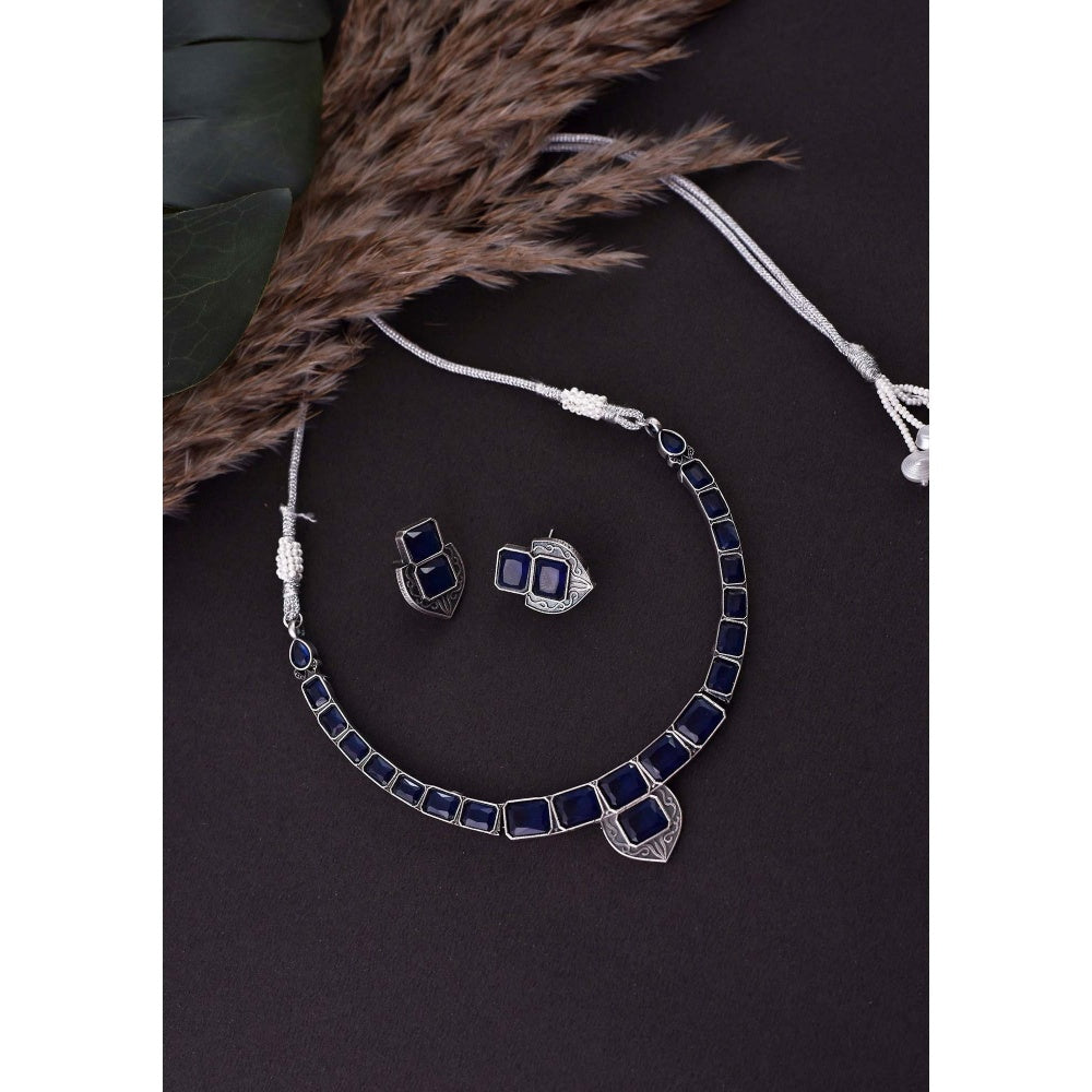 SWABHIMANN Aashmi Blue Silver Plated Zirconia Necklace Set