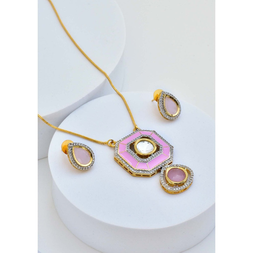 SWABHIMANN Jasmin Pink Polki Pendant Set