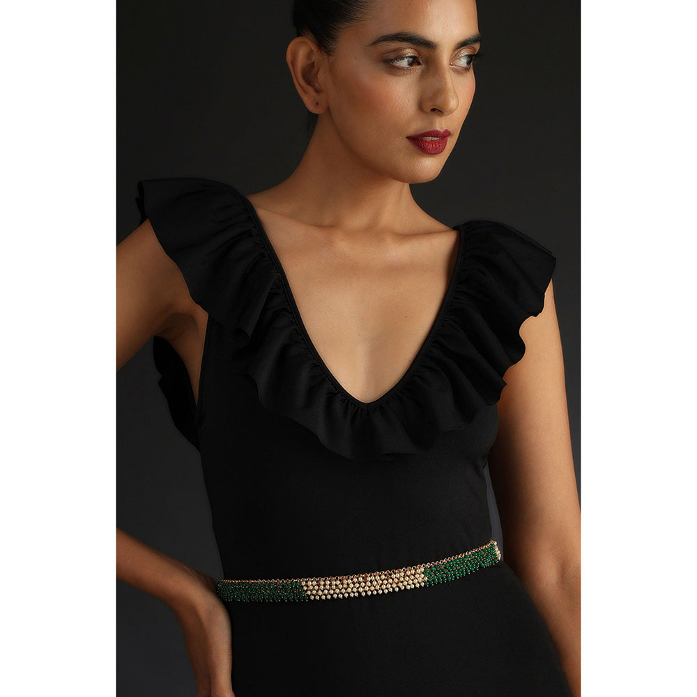 SWABHIMANN Shikha Green and White Pearl Adjustable Waist Belt
