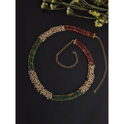 SWABHIMANN Shikha Green and White Pearl Adjustable Waist Belt