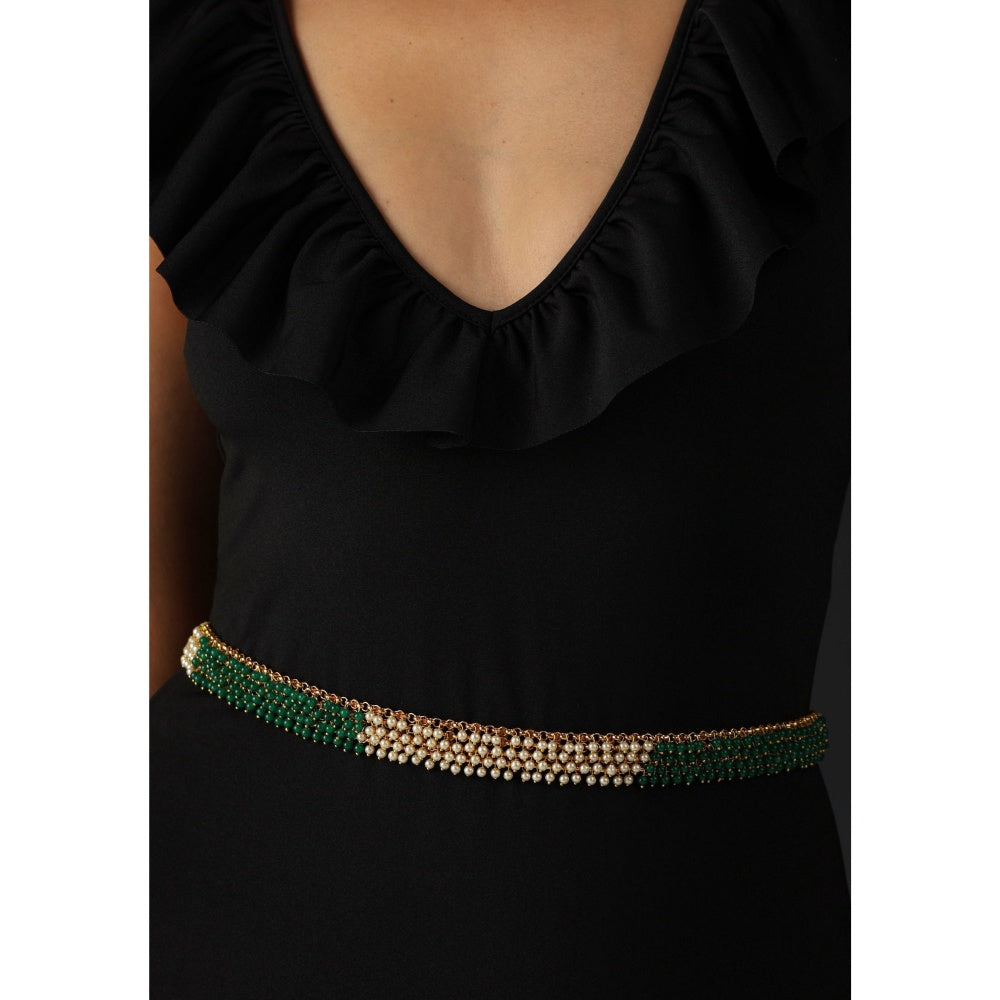 SWABHIMANN Shikha Green and White Pearl Adjustable Waist Belt
