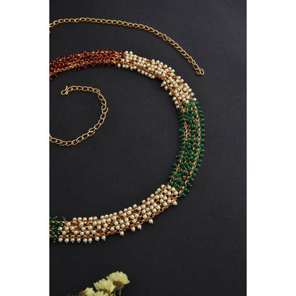 SWABHIMANN Shikha Green and White Pearl Adjustable Waist Belt