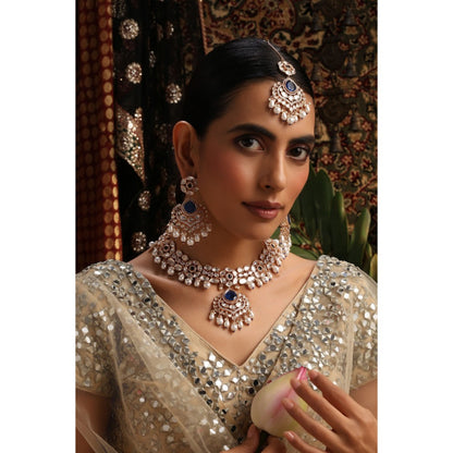 SWABHIMANN Unneri Sapphire and Polki Necklace Set with Maang Tikka