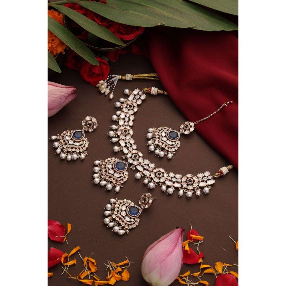 SWABHIMANN Unneri Sapphire and Polki Necklace Set with Maang Tikka