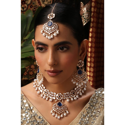 SWABHIMANN Unneri Sapphire and Polki Necklace Set with Maang Tikka