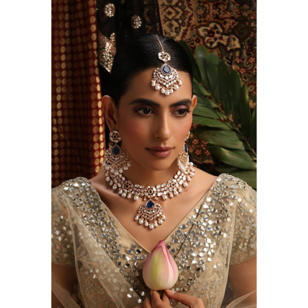 SWABHIMANN Unneri Sapphire and Polki Necklace Set with Maang Tikka