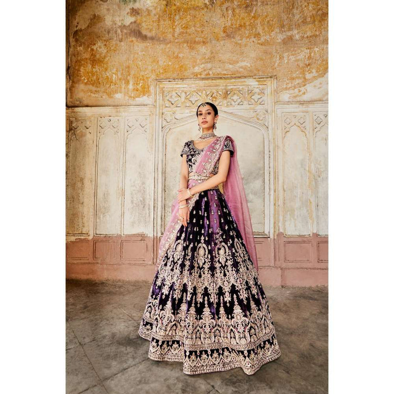 SWATHI VELDANDI Dark Purple and Pink Lehenga Choli with Dupatta and Belt (Set of 4)