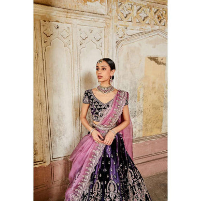 SWATHI VELDANDI Dark Purple and Pink Lehenga Choli with Dupatta and Belt (Set of 4)