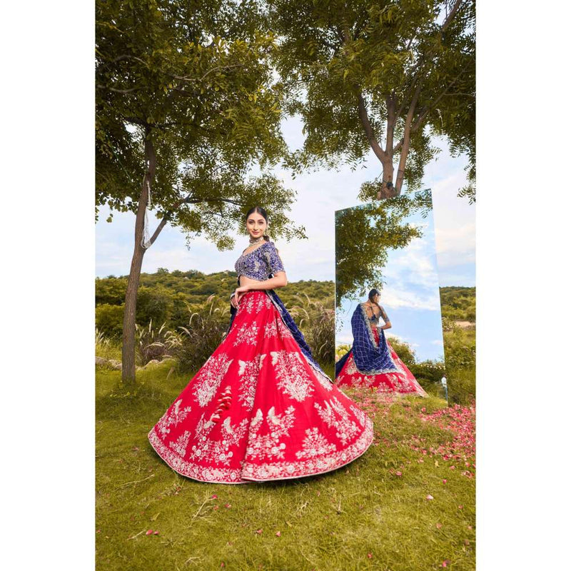 SWATHI VELDANDI Red and Blue Birds Lehenga Choli and Dupatta (Set of 3)