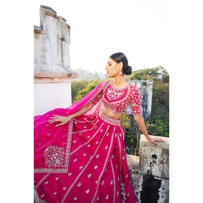 SWATHI VELDANDI Pink Organza Lehenga Choli and Dupatta With Cutdana Embroidery (Set of 3)