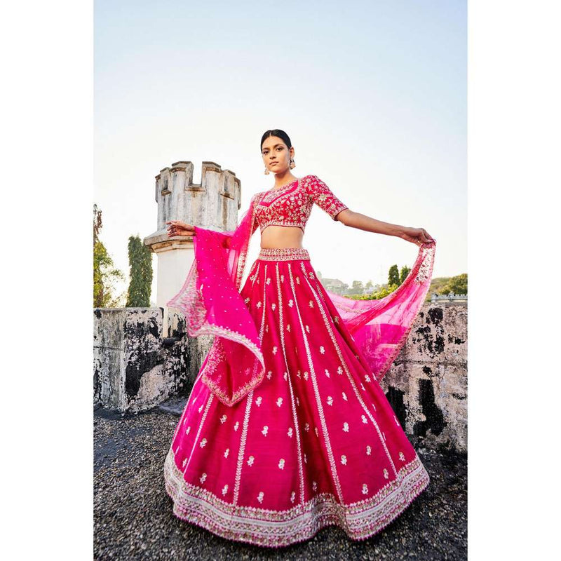 SWATHI VELDANDI Pink Organza Lehenga Choli and Dupatta With Cutdana Embroidery (Set of 3)