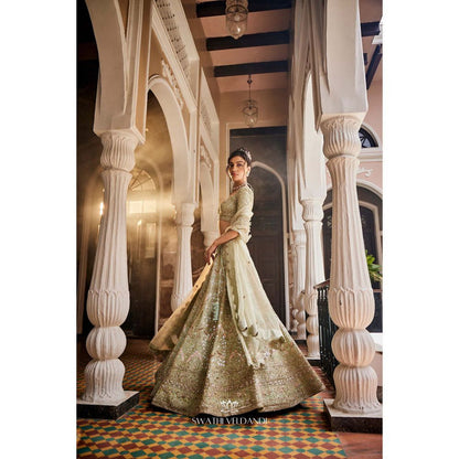 SWATHI VELDANDI Chinoise Green Lehenga with Blouse and Dupatta (Set of 3)