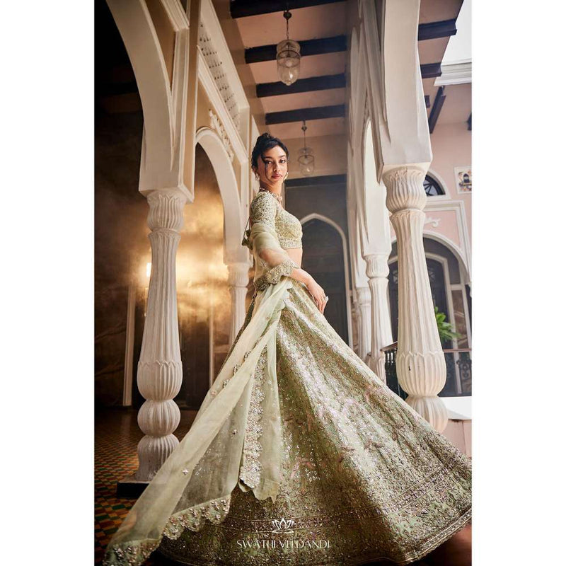 SWATHI VELDANDI Chinoise Green Lehenga with Blouse and Dupatta (Set of 3)