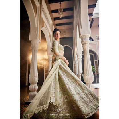 SWATHI VELDANDI Chinoise Green Lehenga with Blouse and Dupatta (Set of 3)