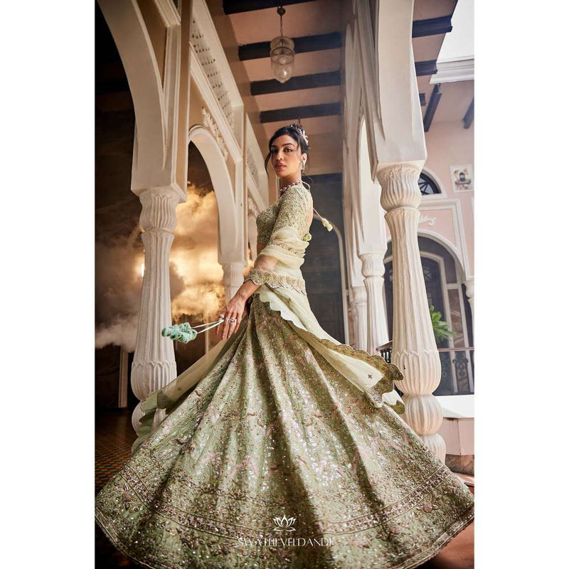 SWATHI VELDANDI Chinoise Green Lehenga with Blouse and Dupatta (Set of 3)