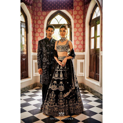 SWATHI VELDANDI Mid Night Black Lehenga with Blouse and Dupatta (Set of 3)