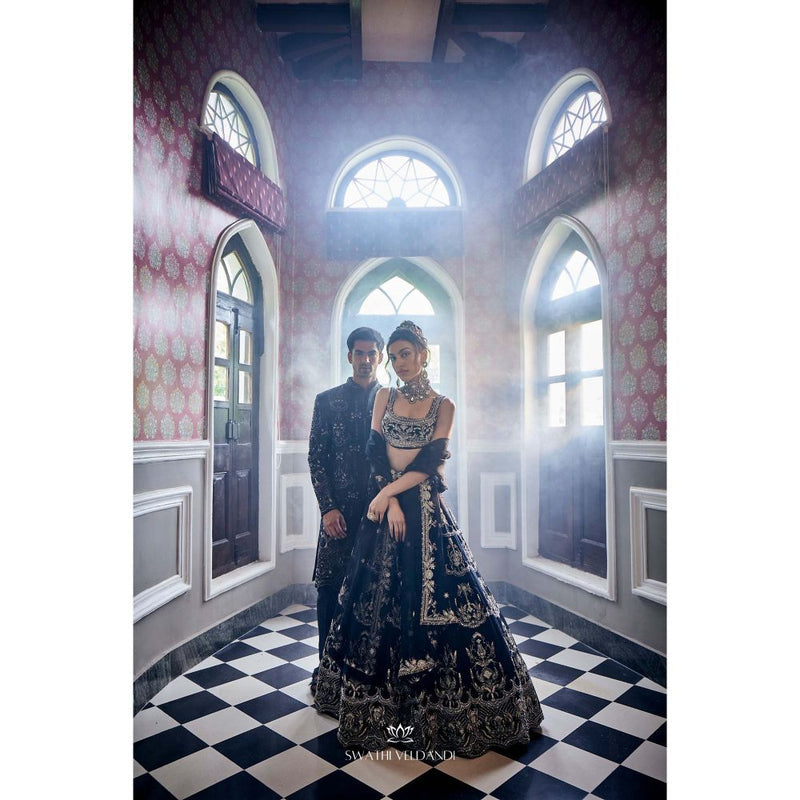 SWATHI VELDANDI Mid Night Black Lehenga with Blouse and Dupatta (Set of 3)