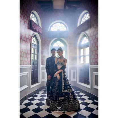 SWATHI VELDANDI Mid Night Black Lehenga with Blouse and Dupatta (Set of 3)