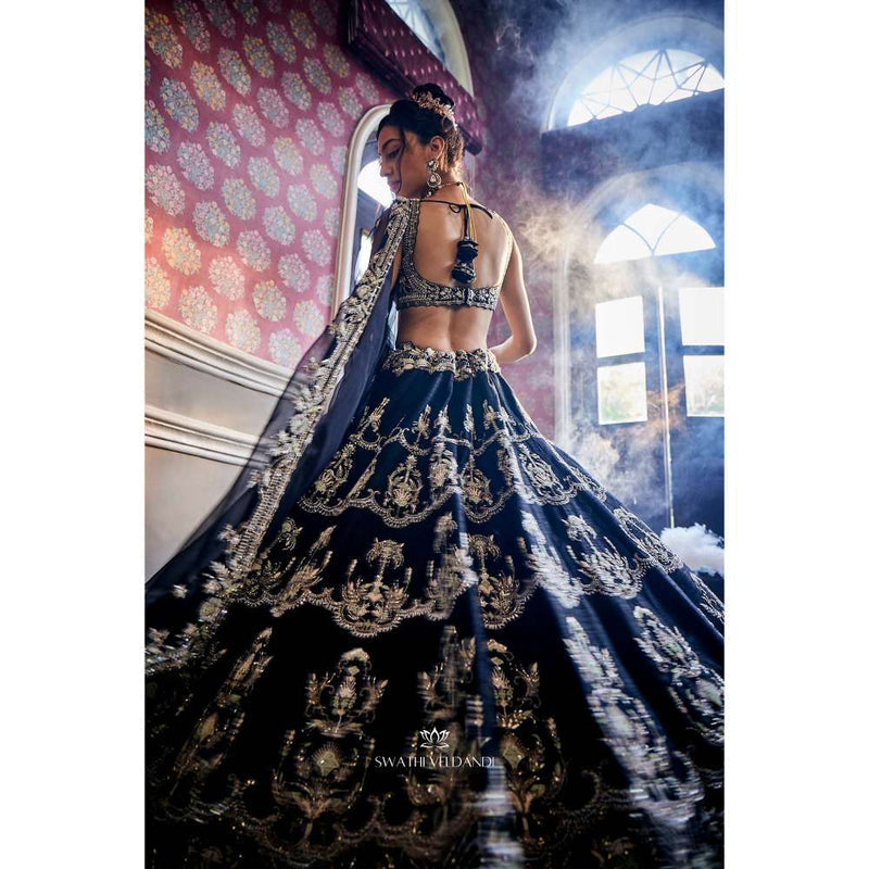 SWATHI VELDANDI Mid Night Black Lehenga with Blouse and Dupatta (Set of 3)