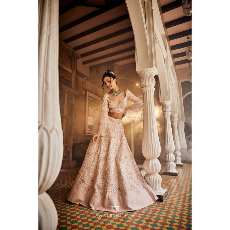 SWATHI VELDANDI Nude Pink Lehenga with Blouse and Dupatta (Set of 3)