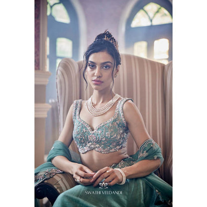 SWATHI VELDANDI Pistachio Green Lehenga with Blouse and Dupatta (Set of 3)