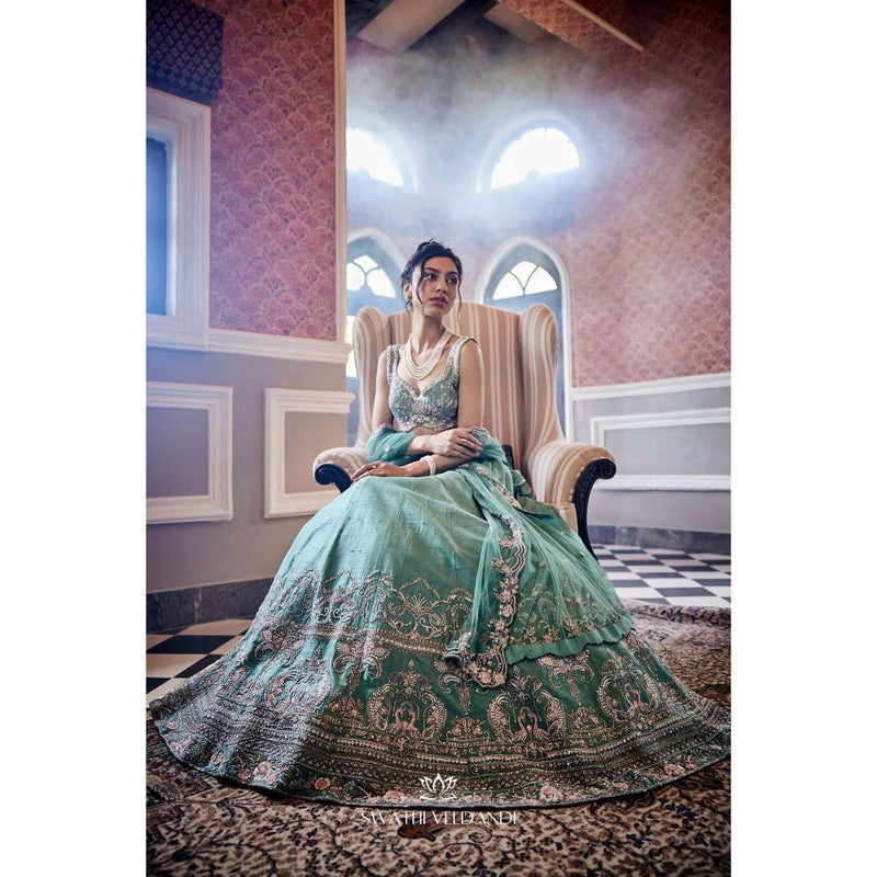 SWATHI VELDANDI Pistachio Green Lehenga with Blouse and Dupatta (Set of 3)