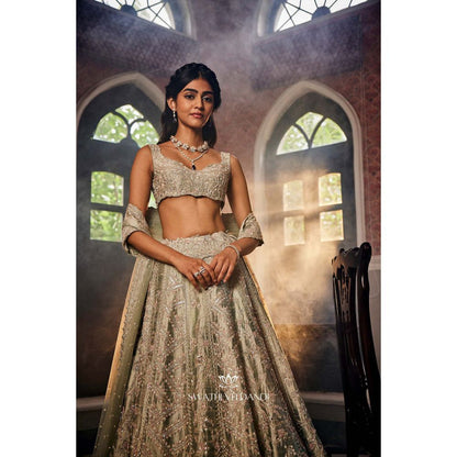 SWATHI VELDANDI Sage Green Lehenga with Blouse and Dupatta (Set of 3)