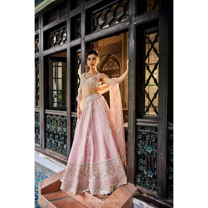 SWATHI VELDANDI Lemonade Pink Lehenga with Blouse and Dupatta (Set of 3)