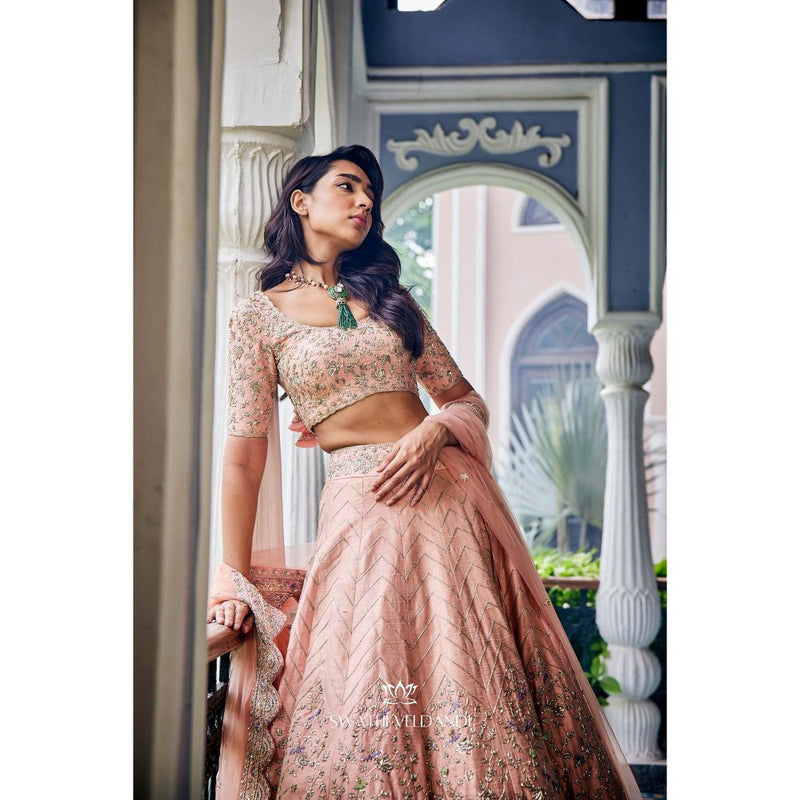 SWATHI VELDANDI Peach Lehenga with Blouse and Dupatta (Set of 3)