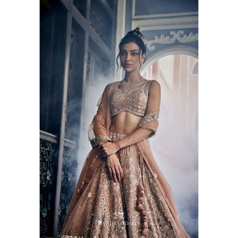 SWATHI VELDANDI Gold Tissue Lehenga with Blouse and Dupatta (Set of 3)