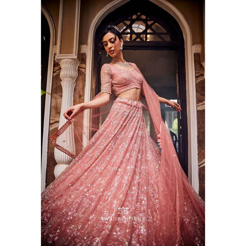 SWATHI VELDANDI Peach Lehenga with Blouse and Dupatta (Set of 3)