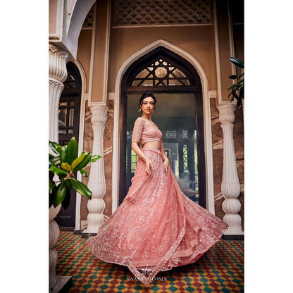 SWATHI VELDANDI Peach Lehenga with Blouse and Dupatta (Set of 3)