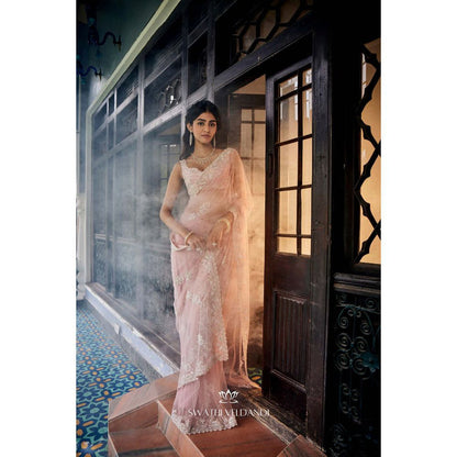 SWATHI VELDANDI Lemonade Pink Saree and Stitched Blouse