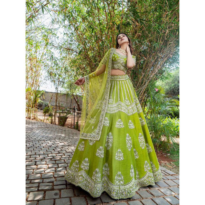 SWATHI VELDANDI Chartreuse Lehenga with Blouse and Dupatta (Set of 3)