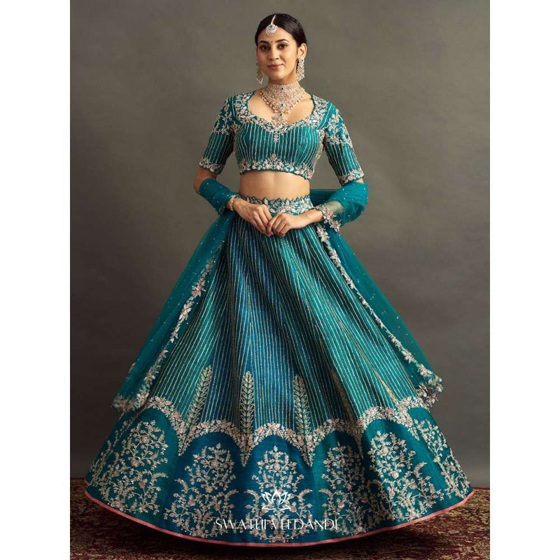 SWATHI VELDANDI Teal Lehenga with Blouse and Dupatta (Set of 3)