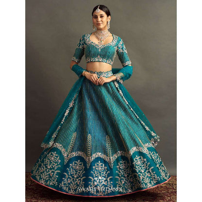 SWATHI VELDANDI Teal Lehenga with Blouse and Dupatta (Set of 3)