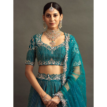 SWATHI VELDANDI Teal Lehenga with Blouse and Dupatta (Set of 3)