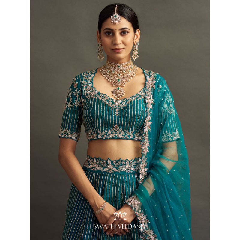 SWATHI VELDANDI Teal Lehenga with Blouse and Dupatta (Set of 3)